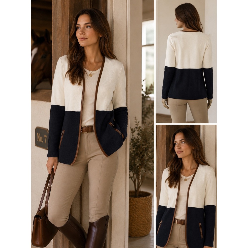 Charter Club Cardigan Women PM Cream Navy Excellent Colorblock Faux Leather Trim
